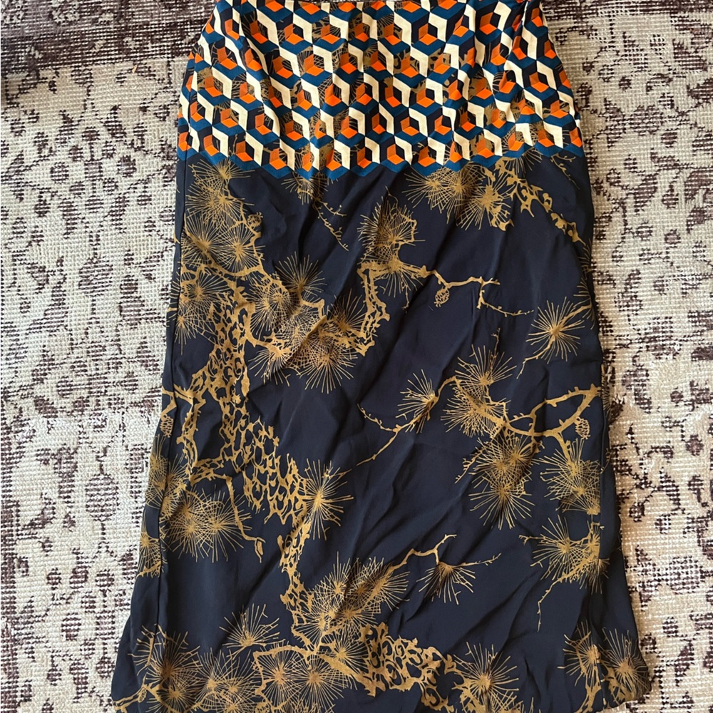 Dries Van Noten Geometric and Floral Midi Skirt - Orange, Blue, Gold